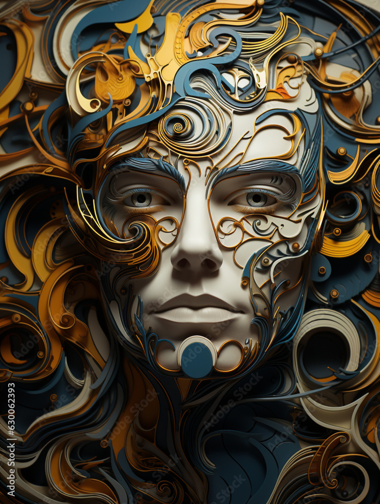 portrait, human head in patterns, illustration, creative, simple background, sketch, created with Generative AI technology