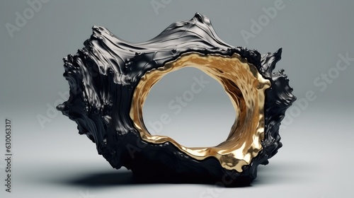 3d black and gold abstract art with surreal sculpture. Soft bio forms in liquid material. Illustration for cover, card, postcard, interior design, decor or print.