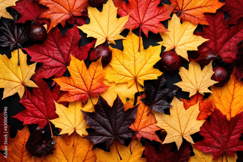 Vibrant autumn maple foliage with a mix of red, orange, and yellow leaves. Abstract natural background.