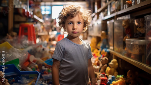 Young boy standing in toy store, behind toy shelves, store full of shiny toys and blurred background