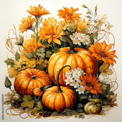 Watercolor ripe pumpkins with sunflower flowers and autumn leaves.Generative AI technology.