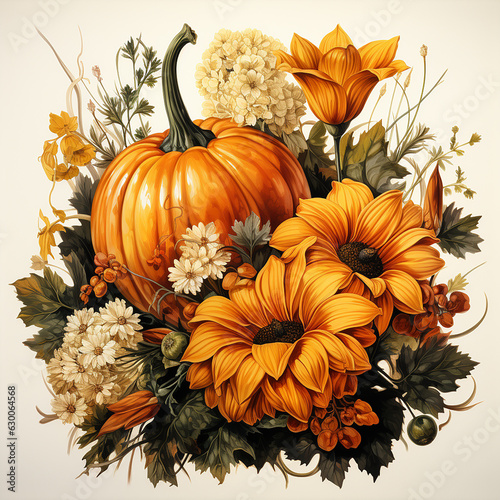 Watercolor ripe pumpkins with sunflower flowers and autumn leaves.Generative AI technology.