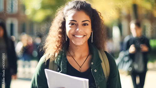 Happy young african american woman with folder outdoors looking at camera. Education, university and woman student with learning, scholarship and college campus. Learning, studying for exams. photo