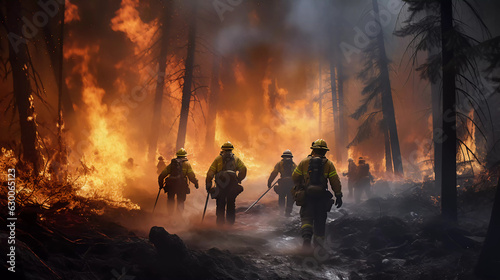 group of firefighters are fighting against the fire in the forest. ai generated 
