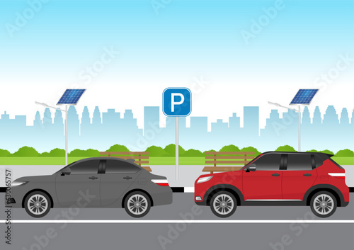 Car Parked along Street. Car Parking Space in the City. Vector Illustration.