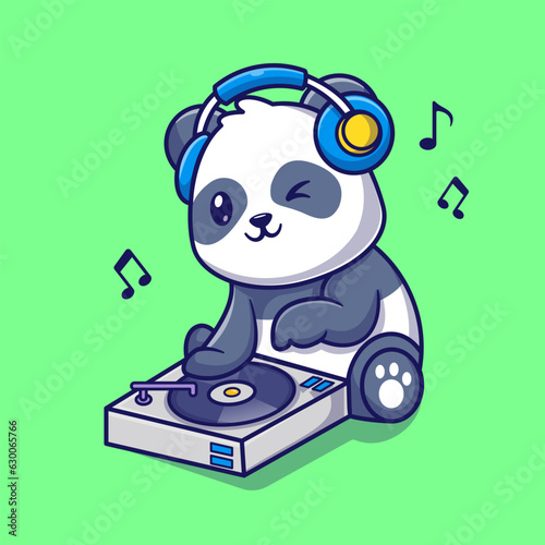 Cute Panda Playing DJ Music Cartoon Vector Icon Illustration. Animal Technology Icon Concept Isolated Premium Vector. Flat Cartoon Style