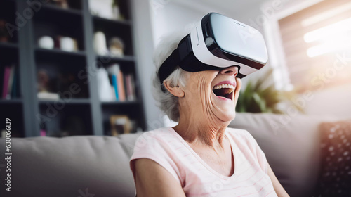 old granny is using vr glasses. ai generated 