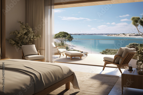 a hotel room with a breathtaking coastal view, capturing the allure of a beachfront accommodation Generative AI © forenna