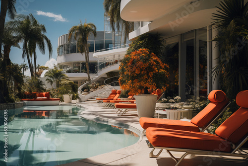 guests enjoying the poolside amenities and relaxation areas of a hotel Generative AI