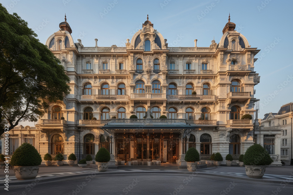 exterior facade of a grand hotel, showcasing its architecture and welcoming atmosphere Generative AI