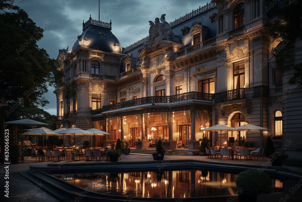exterior facade of a grand hotel, showcasing its architecture and welcoming atmosphere Generative AI