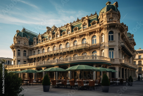 exterior facade of a grand hotel  showcasing its architecture and welcoming atmosphere Generative AI