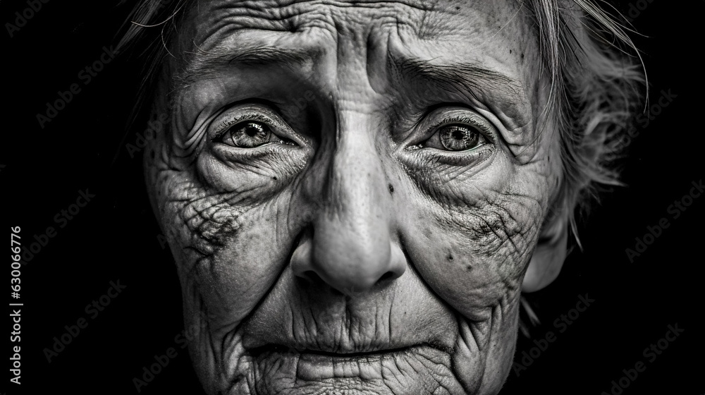 black and white portrait of an old woman with wrinkles on her face, made with Generative AI