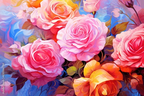 Wallpaper with a floral pattern, fresh colorful roses bouquet for Valentine like present. Generative Ai.