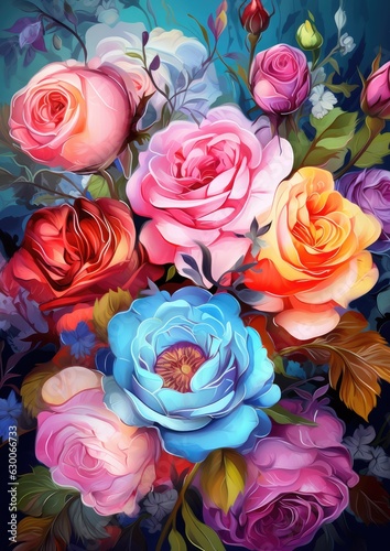 Wallpaper with a floral pattern, fresh colorful roses bouquet for Valentine like present. Generative Ai.