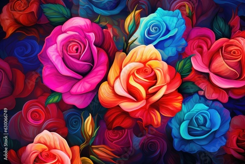 Wallpaper with a floral pattern, fresh colorful roses bouquet for Valentine like present. Generative Ai.