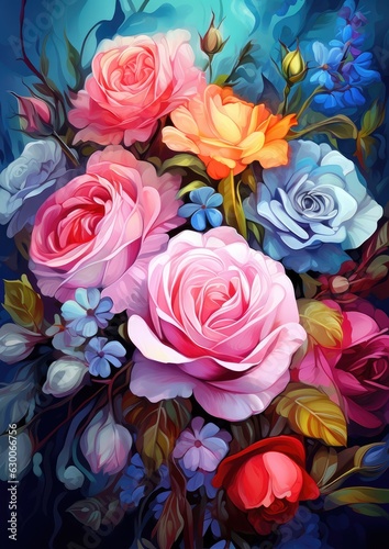 Wallpaper with a floral pattern, fresh colorful roses bouquet for Valentine like present. Generative Ai.