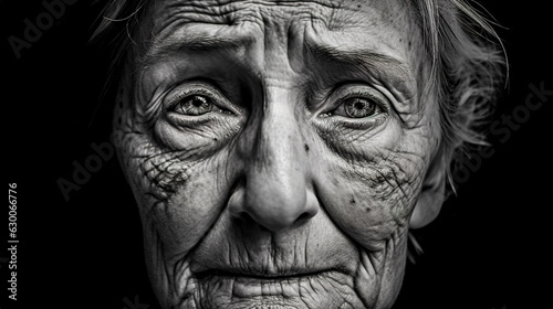 black and white portrait of an old woman with wrinkles on her face, made with Generative AI