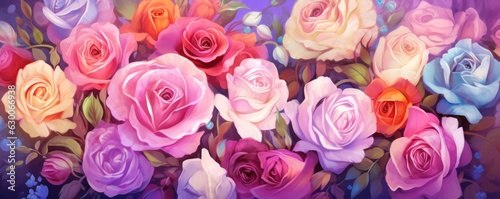 Wallpaper with a floral pattern  fresh colorful roses bouquet  panorama. Generative Ai.
