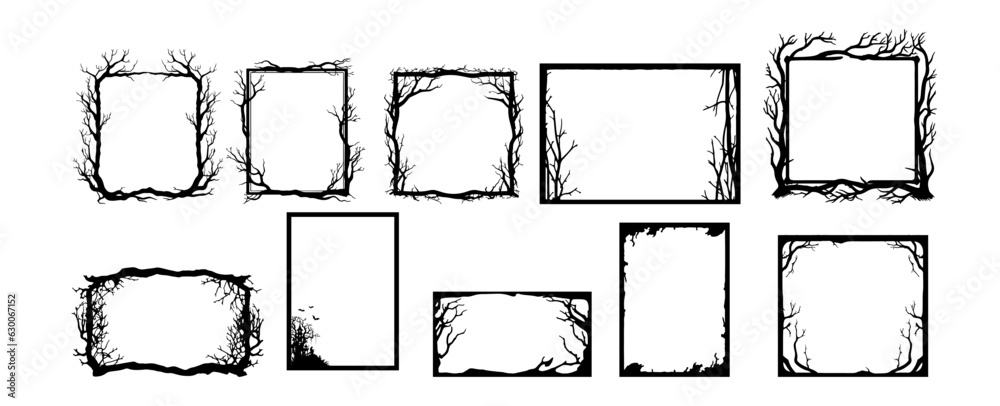 Set of scary frame border silhouette isolated on white backgrounf for Halloween day. Collection of halloween frame decoration vector illustration