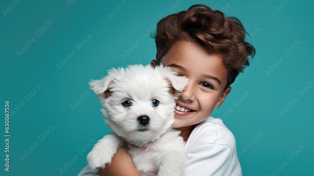 Little boy holds a dog puppy in his arms on blue background. Little boy holds a dog puppy in his arms on blue background.