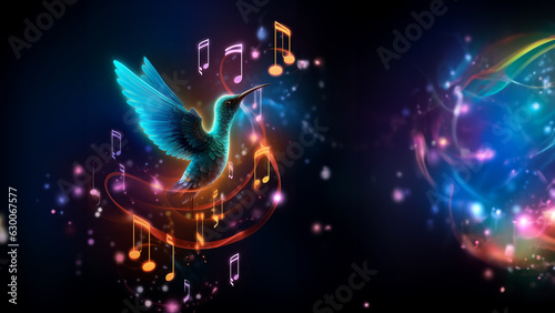 Musikalischer Vogel Kolibri fliegt und singt Kunstvolle Zeichnung für Poster, ai generativ
