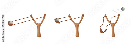 slingshots with stone. Illustration isolated on white background.