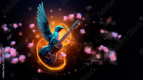 Musikalischer Vogel Kolibri fliegt und singt Kunstvolle Zeichnung für Poster, ai generativ © www.freund-foto.de
