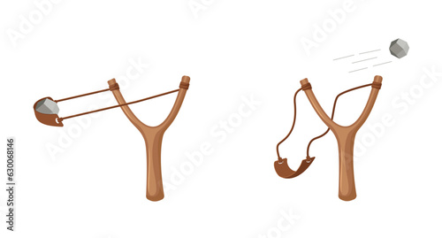 slingshots with stone. Illustration isolated on white background.