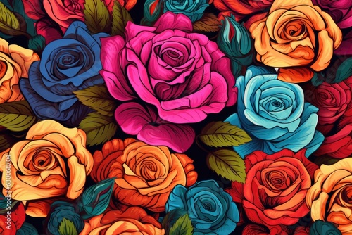Wallpaper with a floral pattern, fresh colorful roses bouquet for Valentine like present. Generative Ai.