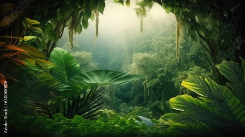 Beautiful jungle background with border made of tropical leaves. Exotic outdoor backdrop with copy space. © vlntn