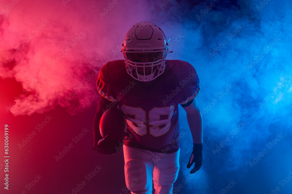 American football player banner with neon lights. Template for a sports magazine on the theme of American football with copy space. Mockup for betting ads.