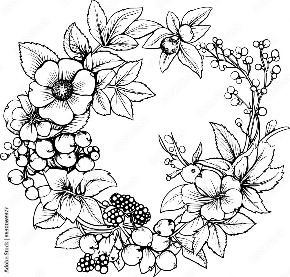 Fototapeta premium Floral Wreath Line Art