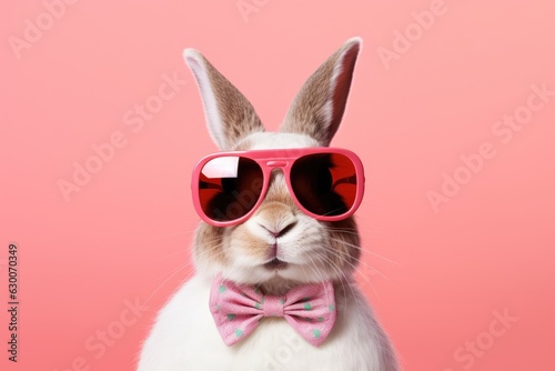 Stylish portrait of dressed up anthropomorphic bunny wearing glasses and bow on vibrant pink background with copy space. Funny pop art animal illustration.