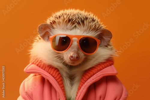 Stylish portrait of dressed up imposing anthropomorphic handsome hedgehog wearing glasses and suit on vibrant orange background with copy space. Funny illustration.