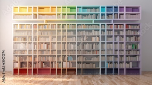 Bookshelves with books organized by colors.