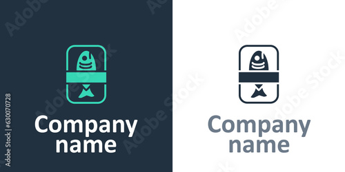 Logotype Fish plastic tray container with cellophane cover icon isolated on white background. Logo design template element. Vector
