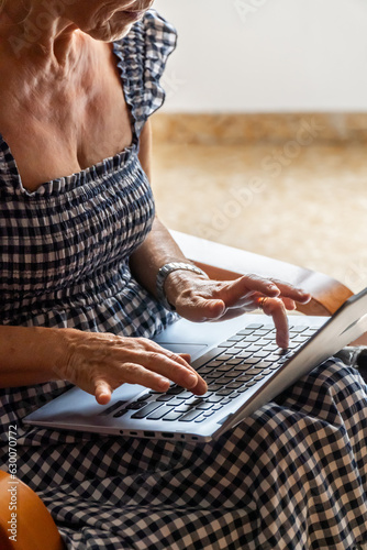 Mature woman using the laptop sitting on a chair at home