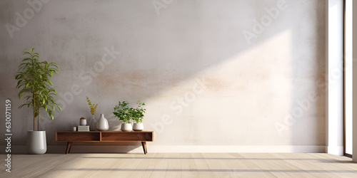 Cabinet room wooden interior Cabinet for tv in modern living room with plant on  white pot concrete wall background and beside the wall with sun light shine in room 