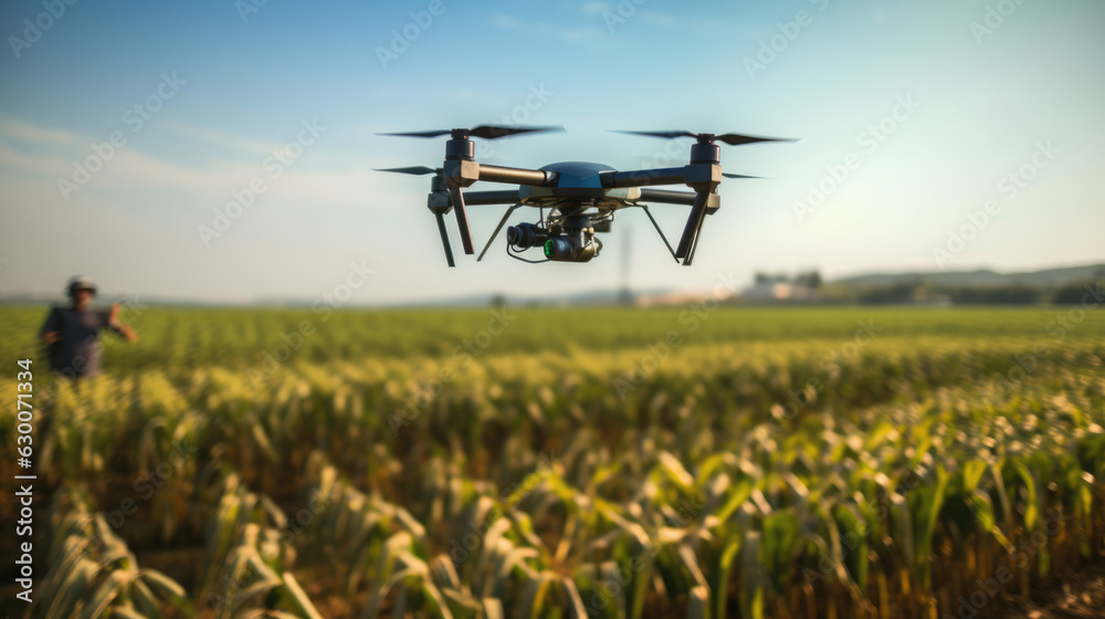Agriculture drone fly to sprayed fertilizer on the green tea fields,