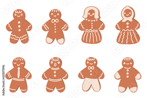 Cartoon gingerbread man set. Christmas new year ginger cookie in the shape of a person. Brown pepper cake for the holiday. Glazed men. Vector flat cartoon illustration isolated on white background.