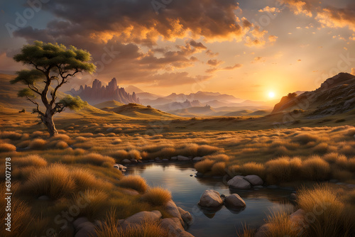 amazing fantasy game landscape at sunset - generative ai