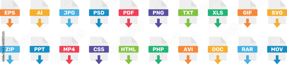 Vector file formats icons collection. Set of file format of document icons. AI, EPS, PDF, JPG, DOC, PPT, XLS, MP4, RAR, ZIP, SVG, HTML Vector file formats icons collection. Set of file format of document icons. AI, EPS, PDF, JPG, DOC, PPT, XLS, MP4, RAR, ZIP, SVG, HTML