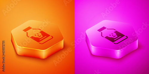 Isometric Poisoned pill icon isolated on orange and pink background. Pill with toxin. Dangerous drug. Hexagon button. Vector