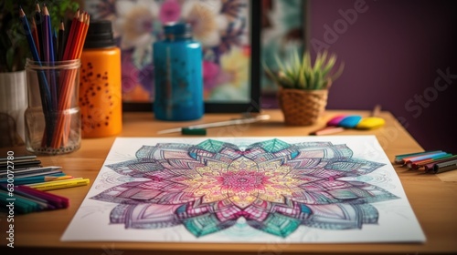 Colored mandala picture on the table