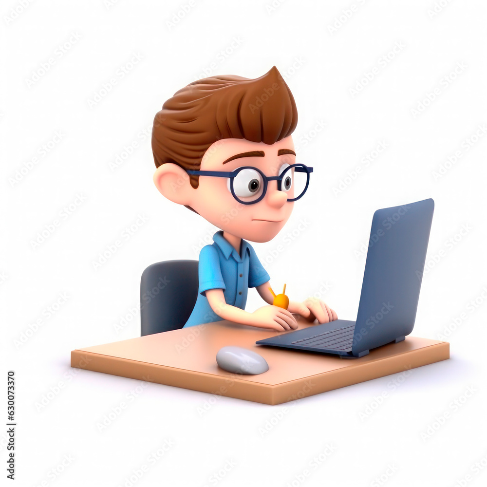 Drawing in the style of 3D cartoon. Cute boy at the computer. Drawing in the style of 3D cartoon. Cute boy at the computer.