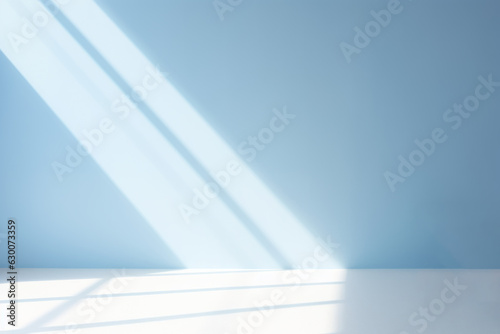 Minimal abstract light blue background for product presentation. Shadow and light from windows on plaster wall. Generative AI