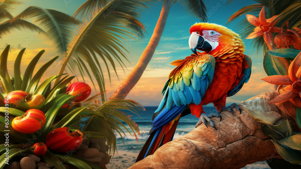 Obraz premium A parrot in a palm tree on the beach