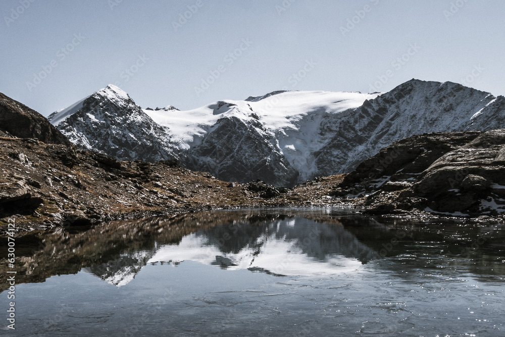 Obraz premium reflets du glacier des Balmes dans un lac commençant à geler 