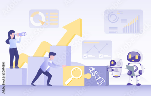 Artificial Intelligence (AI) technology concept. Collaboration between human and ai robot to complete puzzle jigsaw, management strategy, tactical plan to achieve success. Vector illustration.